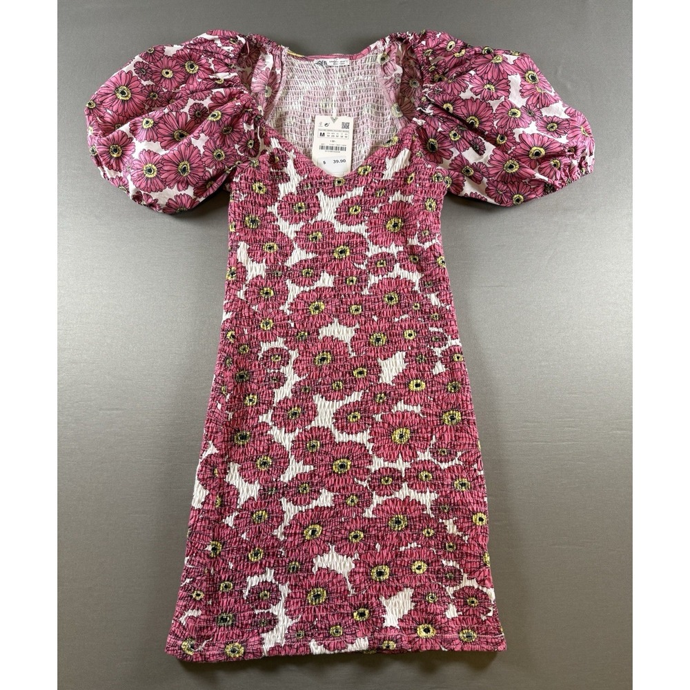 NWT Zara Pink Daisy Floral Smocked Puff Sleeve Mini Dress Cottagecore Size M